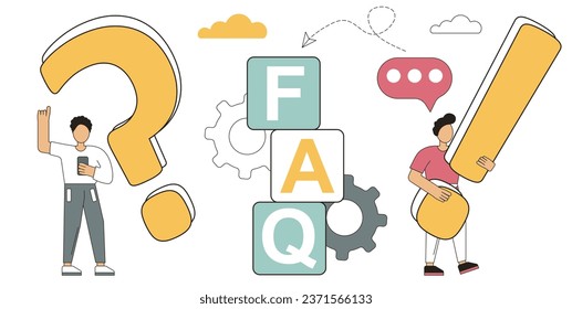 Search for answers to questions.Characters standing next to an exclamation mark and a question mark. They ask questions and get answers Frequently asked questions concept. Flat vector illustration.