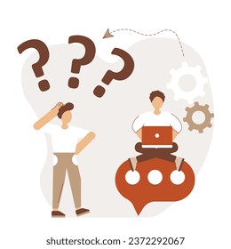 Search for answers to questions.Characters standing next to an exclamation mark and a question mark. They ask questions and get answers Frequently asked questions concept. Flat vector illustration.