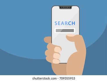 Search app displayed on frameless touchscreen. Vector illustration of hand holding modern bezel-free smartphone in front of blue background.