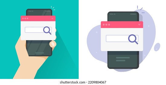 Search App On Internet Browser As Mobile Cell Phone Seo Engine Vector Or Web Information Find On Smartphone Cellphone Online Flat Cartoon Illustration Graphic Modern Design