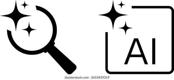 Busque inteligência artificial. Lupa com estrelas. encontre e analise com o aprendizado de máquina. Ícones de pesquisa do AI. edição, pesquisa de perguntas sinal
