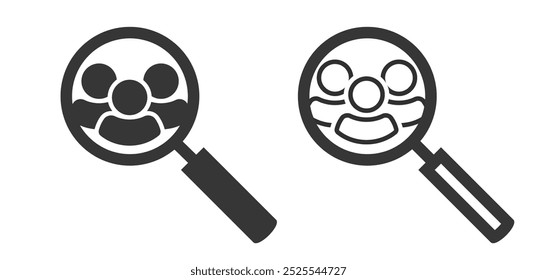 Search audit people icon vector simple graphic set, hire person magnifier glass sign symbol pictogram, recruitment skill expertise analysis of employee staff, human resources exploration concept image