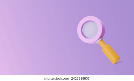 Search banner with 3d magnifier on gradient purple background. Tiny loupe render in plastic style. Analyzing information, seo concept with lens tool. Vector illustration with three dimensional element