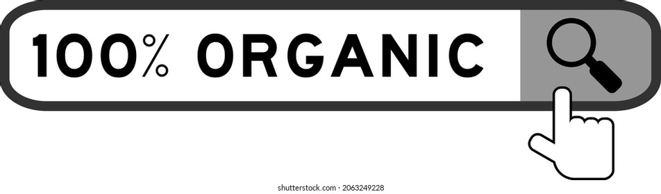 Search banner in word 100 percent organic with hand over magnifier icon on white background