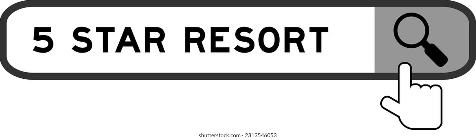 Search banner in word 5 star resort with hand over magnifier icon on white background