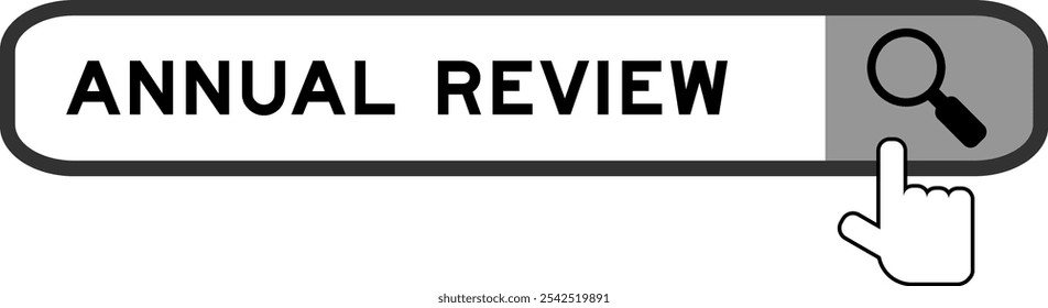 Search banner in word annual review with hand over magnifier icon on white background