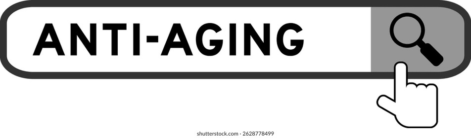 Banner de pesquisa no word anti envelhecimento com mão sobre ícone de lupa no fundo branco