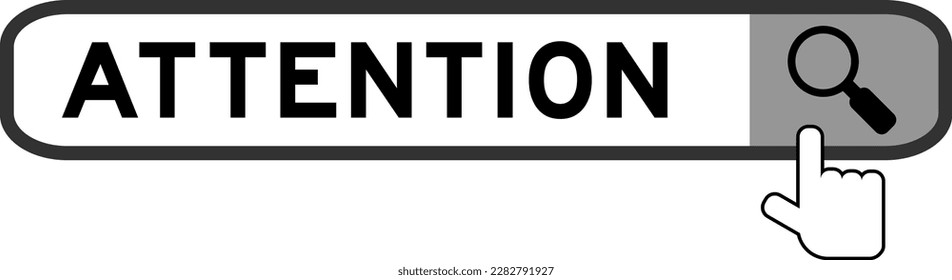 Search banner in word attention with hand over magnifier icon on white background