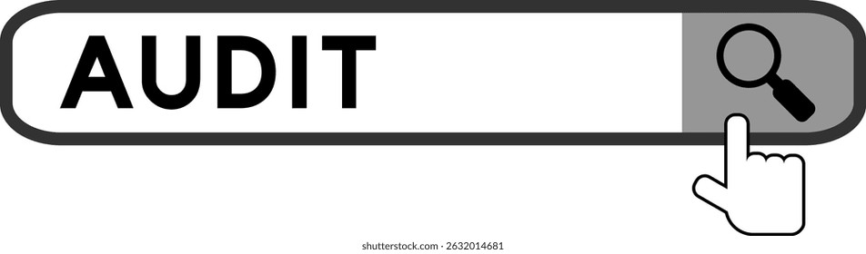 Search banner in word audit with hand over magnifier icon on white background