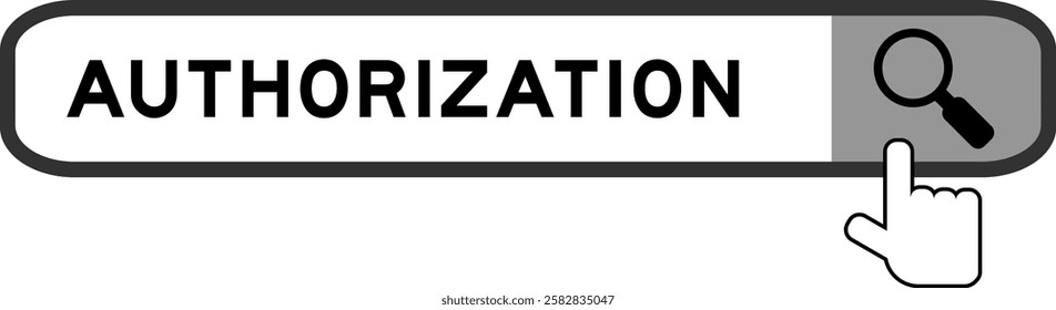 Search banner in word authorization with hand over magnifier icon on white background