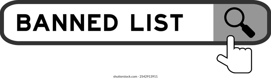 Banner de pesquisa na lista de banidos de palavras com a mão sobre o ícone da lupa no fundo branco
