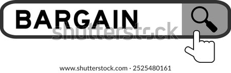 Search banner in word bargain with hand over magnifier icon on white background