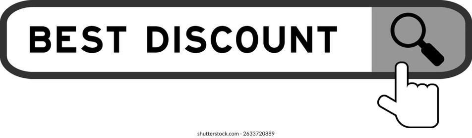 Banner da pesquisa no melhor desconto da palavra com mão sobre o ícone da lupa no fundo branco