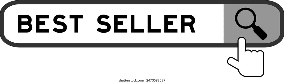 Search banner in word best seller with hand over magnifier icon on white background