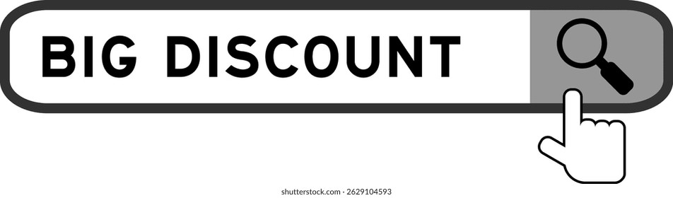 Banner da pesquisa no grande desconto da palavra com mão sobre o ícone da lupa no fundo branco