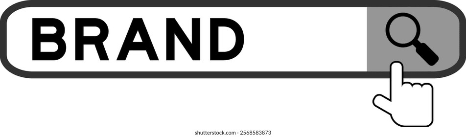 Search banner in word brand with hand over magnifier icon on white background
