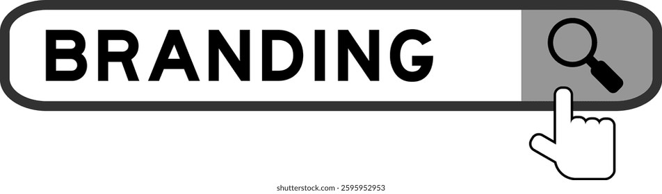 Search banner in word branding with hand over magnifier icon on white background