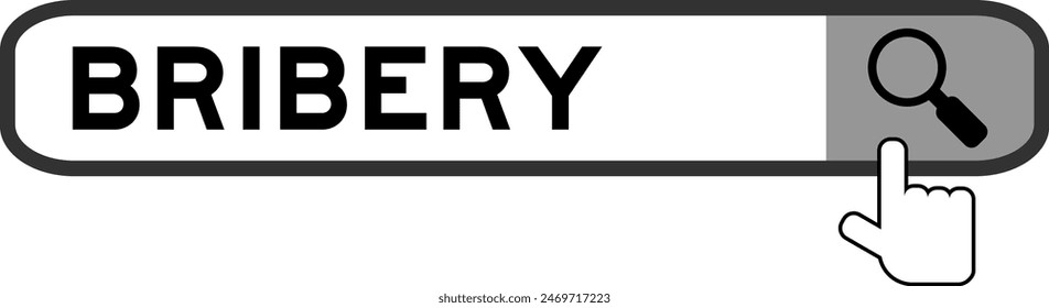 Search banner in word bribery with hand over magnifier icon on white background