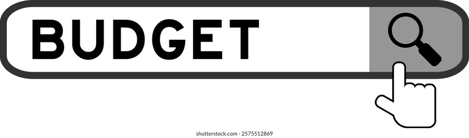 Search banner in word budget with hand over magnifier icon on white background