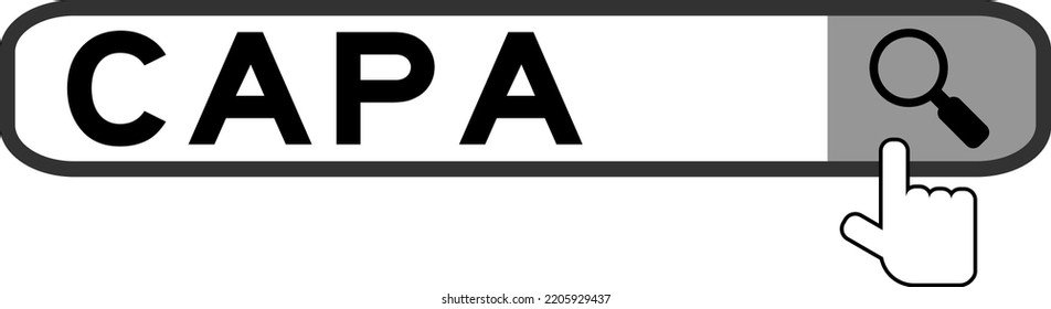 Search banner in word CAPA (abbreviation of corrective action and preventive action) with hand over magnifier icon on white background