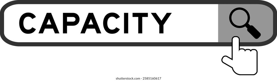 Search banner in word capacity with hand over magnifier icon on white background