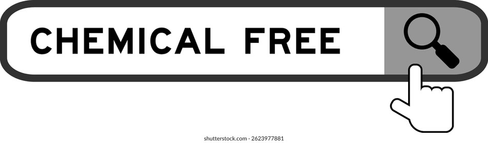 Banner de pesquisa no word chemical free com mão sobre ícone de lupa no fundo branco
