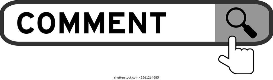 Search banner in word comment with hand over magnifier icon on white background