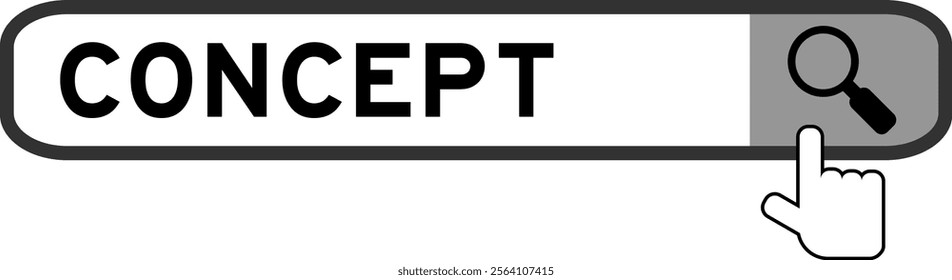 Search banner in word concept with hand over magnifier icon on white background
