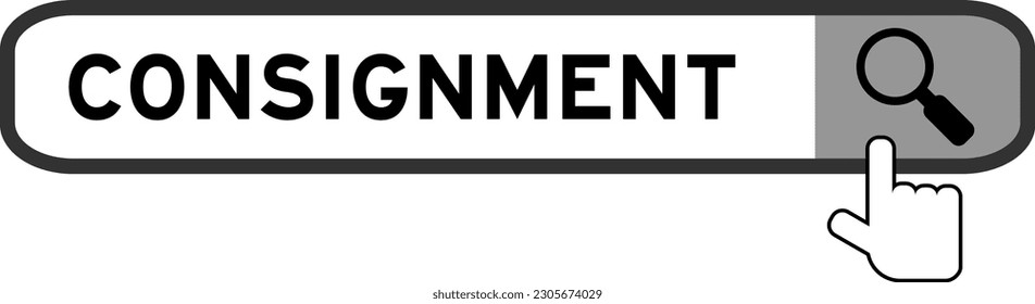 Search banner in word consignment with hand over magnifier icon on white background