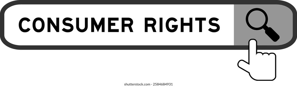 Search banner in word consumer rights with hand over magnifier icon on white background