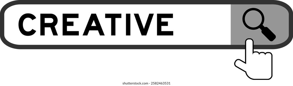 Search banner in word creative with hand over magnifier icon on white background