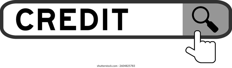 Search banner in word credit with hand over magnifier icon on white background
