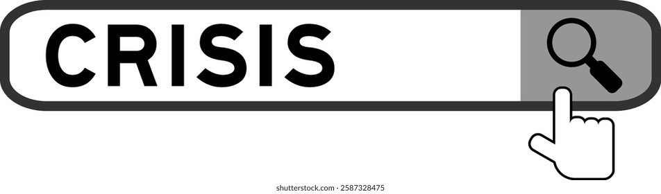 Search banner in word crisis with hand over magnifier icon on white background