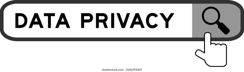 Banner de pesquisa na privacidade de dados do Word com a mão sobre o ícone de lupa no fundo branco