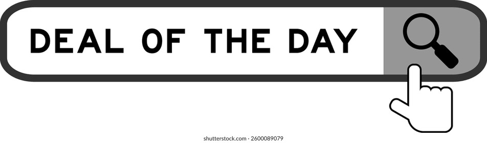 Search banner in word deal of  the day with hand over magnifier icon on white background