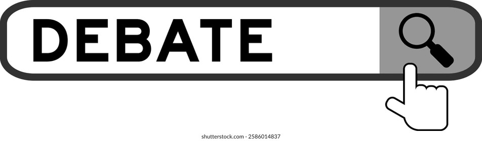 Search banner in word debate with hand over magnifier icon on white background