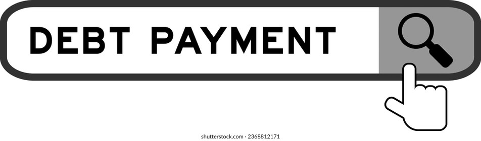 Search banner in word debt payment with hand over magnifier icon on white background