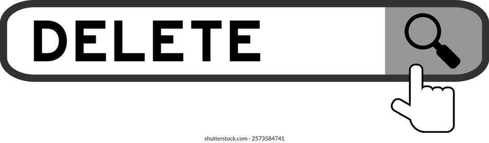 Search banner in word delete with hand over magnifier icon on white background