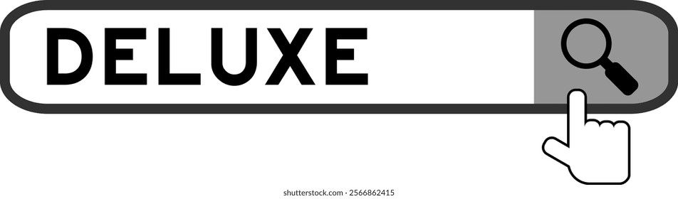 Search banner in word deluxe with hand over magnifier icon on white background
