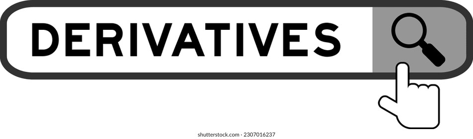 Search banner in word derivatives with hand over magnifier icon on white background