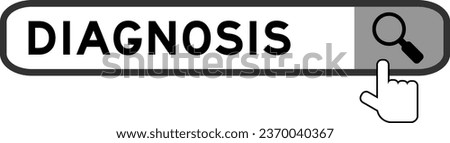 Search banner in word diagnosis with hand over magnifier icon on white background
