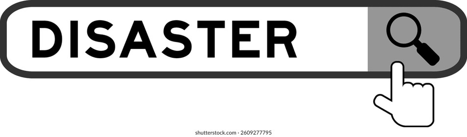 Search banner in word disaster with hand over magnifier icon on white background