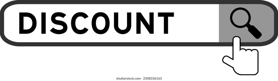 Search banner in word discount with hand over magnifier icon on white background