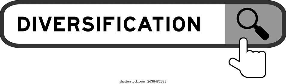 Search banner in word diversification with hand over magnifier icon on white background