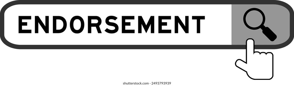 Search banner in word endorsement with hand over magnifier icon on white background