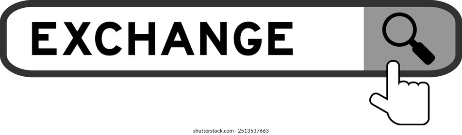 Search banner in word exchange with hand over magnifier icon on white background