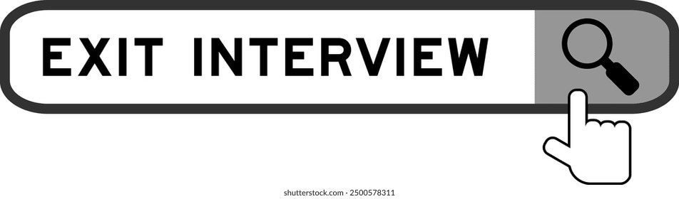 Search banner in word exit interview with hand over magnifier icon on white background