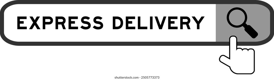 Search banner in word express delivery with hand over magnifier icon on white background