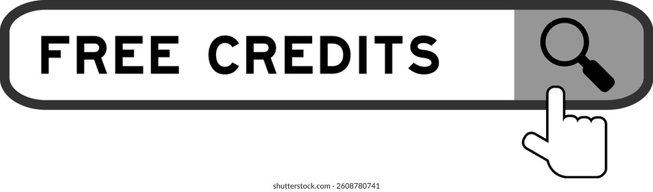Search banner in word free credits with hand over magnifier icon on white background