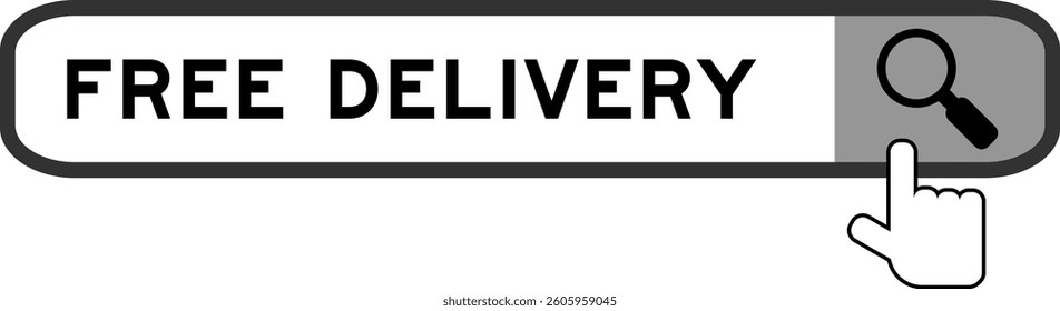 Search banner in word free delivery with hand over magnifier icon on white background